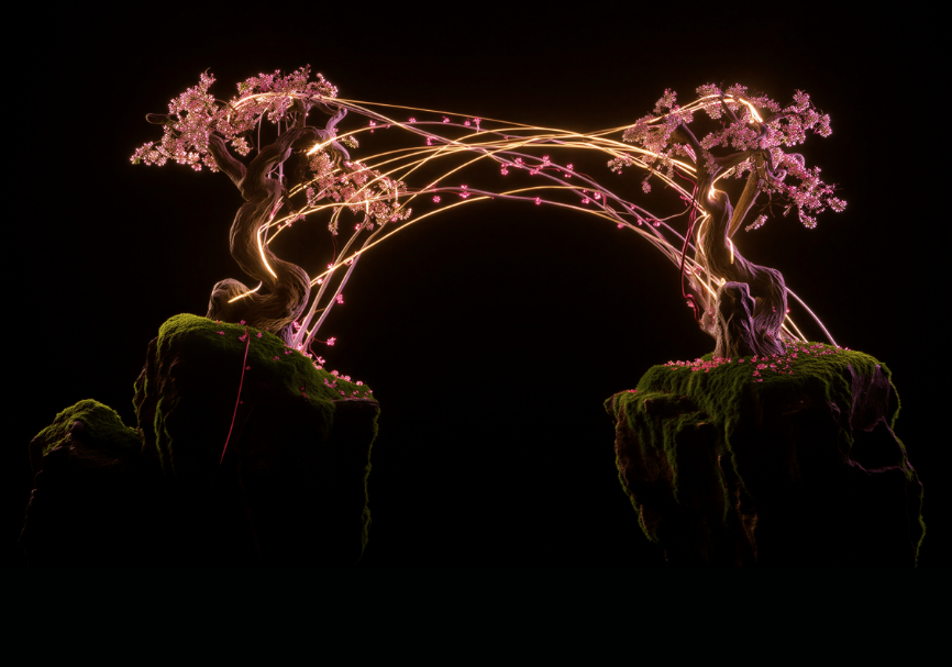 Two trees connected by glowing arcs